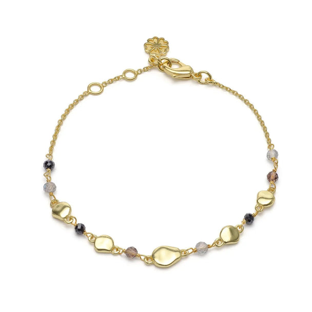 Sofia Nugget Bracelet with black onyx, smoky quartz, labradorite, and 22K gold nuggets on adjustable gold chain