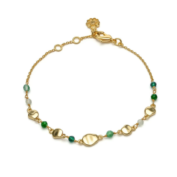 Sofia Nugget Bracelet with green hydro, jade, prehnite, aventurine gemstones and 22K gold beads on adjustable gold chain