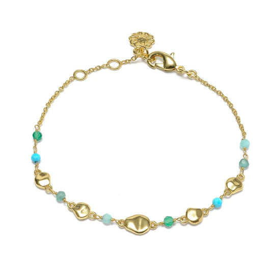 Sofia Nugget Bracelet with amazonite, apatite, turquoise, green white jade, and 22k gold beads on adjustable chain