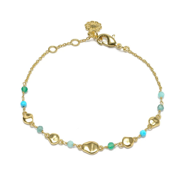 Sofia Nugget Bracelet with amazonite, apatite, turquoise, green white jade, and 22k gold beads on adjustable chain