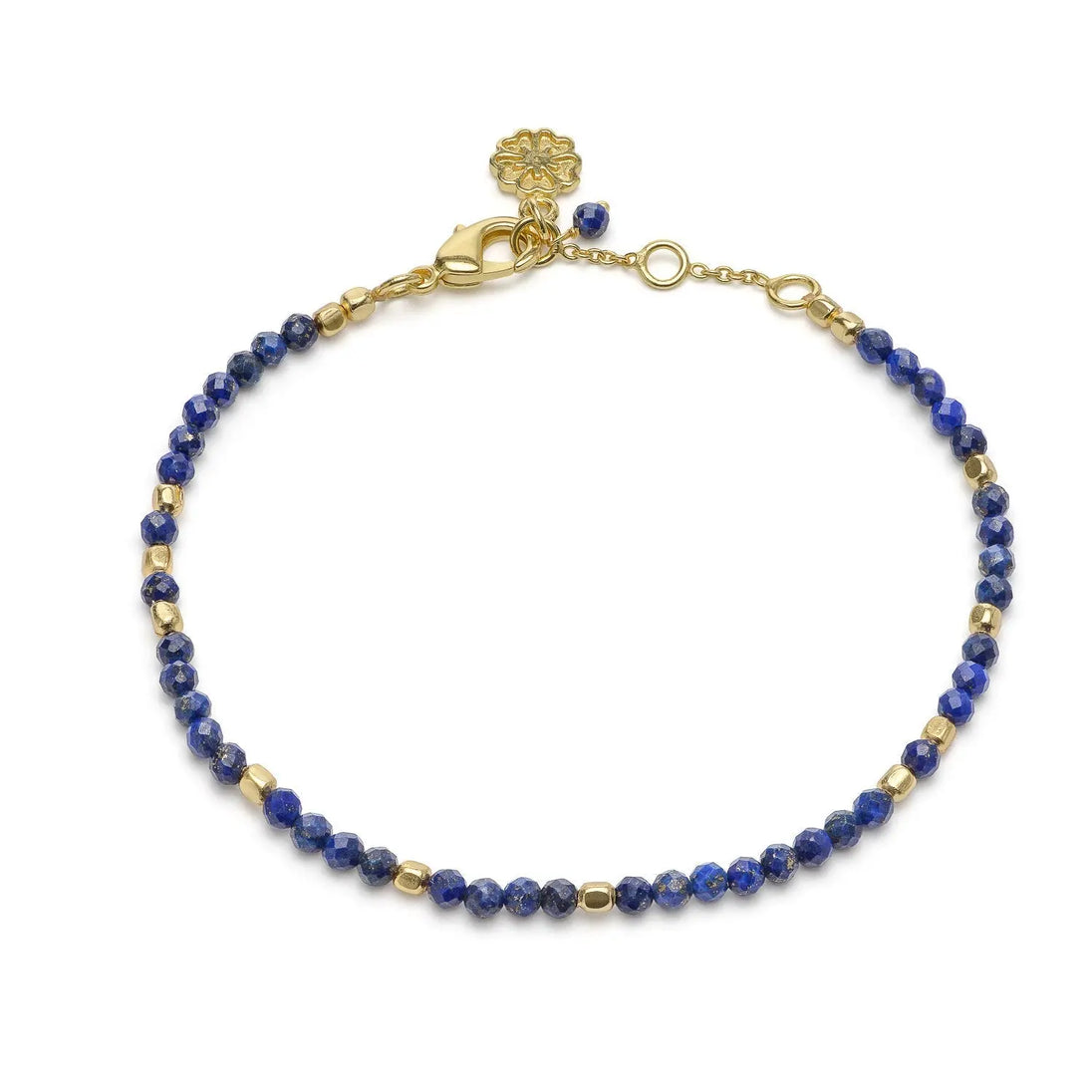 Milos Gemstone and Gold Bead Bracelet with lapis and 22K gold on recycled brass, adjustable length, handcrafted jewelry