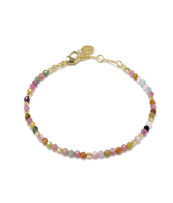 Milos Gemstone bracelet with multicolored tourmaline beads and 22K gold accents, adjustable length.