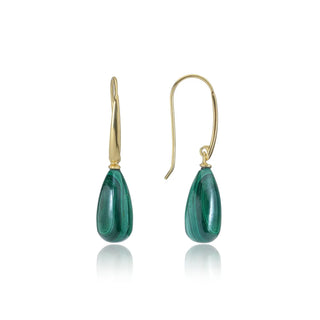 Hera Polished Stone Drop Earrings with pear-shaped malachite and 22K gold on recycled brass, artisan handcrafted.