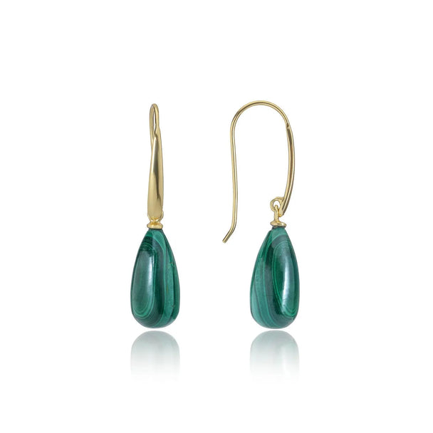 Hera Polished Stone Drop Earrings with pear-shaped malachite and 22K gold on recycled brass, artisan handcrafted.
