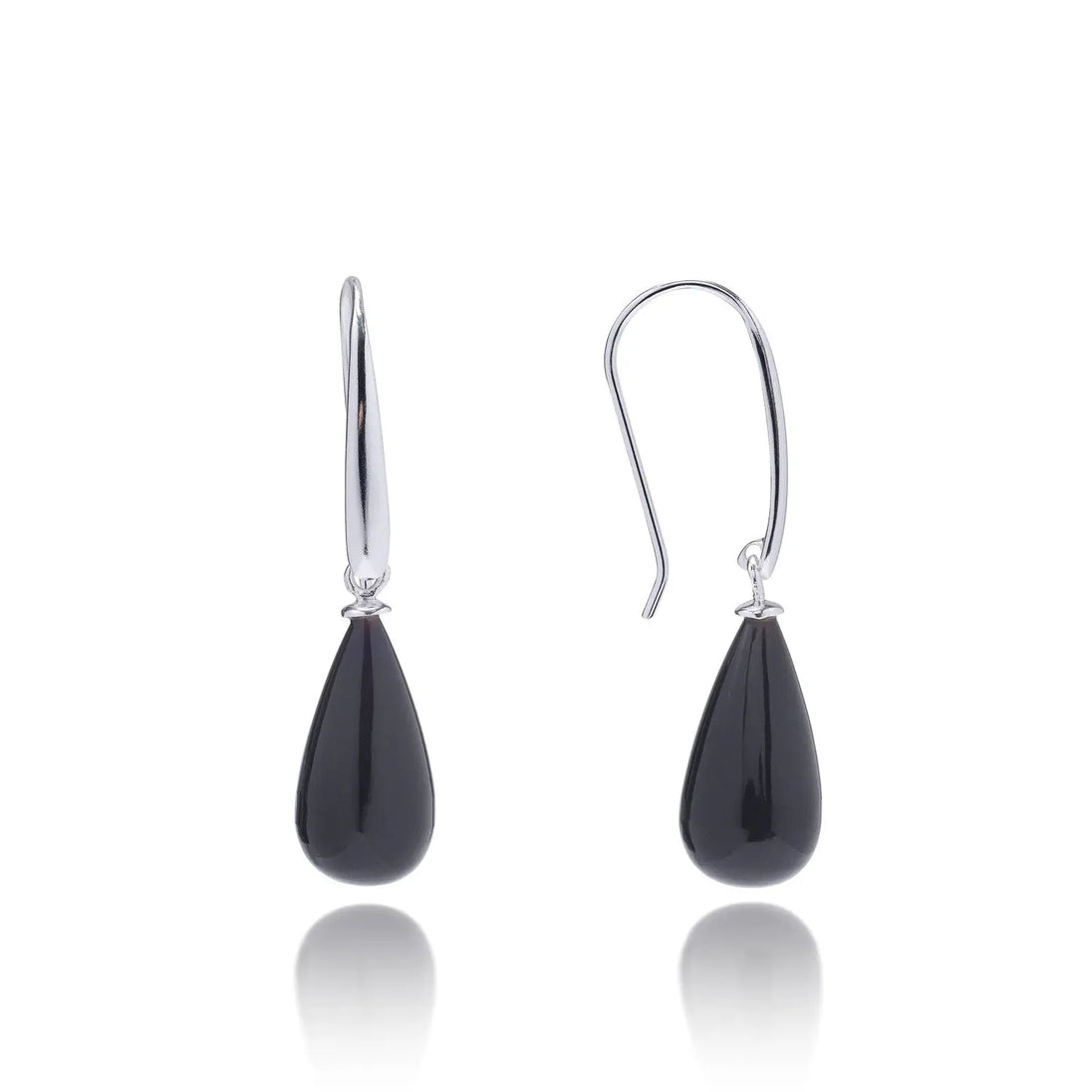 Hera Polished Stone Drop Earrings featuring pear-shaped black onyx set in sterling silver with recycled brass hooks