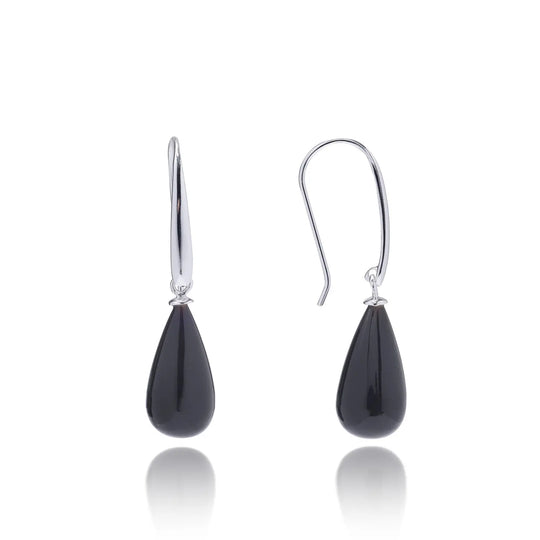 Hera Polished Stone Drop Earrings featuring pear-shaped black onyx set in sterling silver with recycled brass hooks