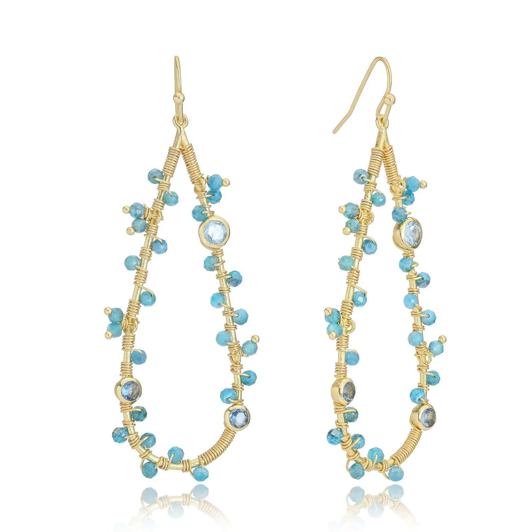 Hydra Large Teardrop wire-wrapped earrings with iolite, blue topaz, and apatite gemstones in 22k gold on recycled brass