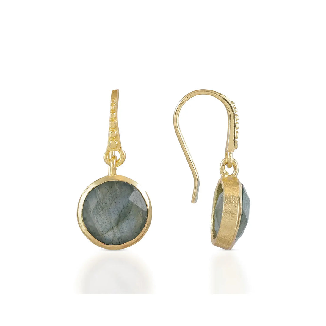 Charis round labradorite gemstone earrings in 22K gold on recycled brass handcrafted drop design