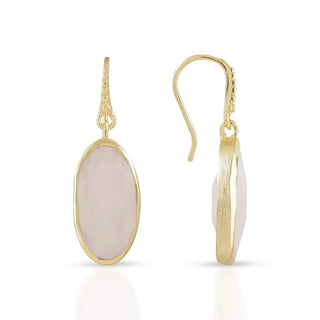 Charis Oval Gemstone Earrings featuring rainbow moonstone set in 22K gold on recycled brass with 45mm length, handcrafted drop design