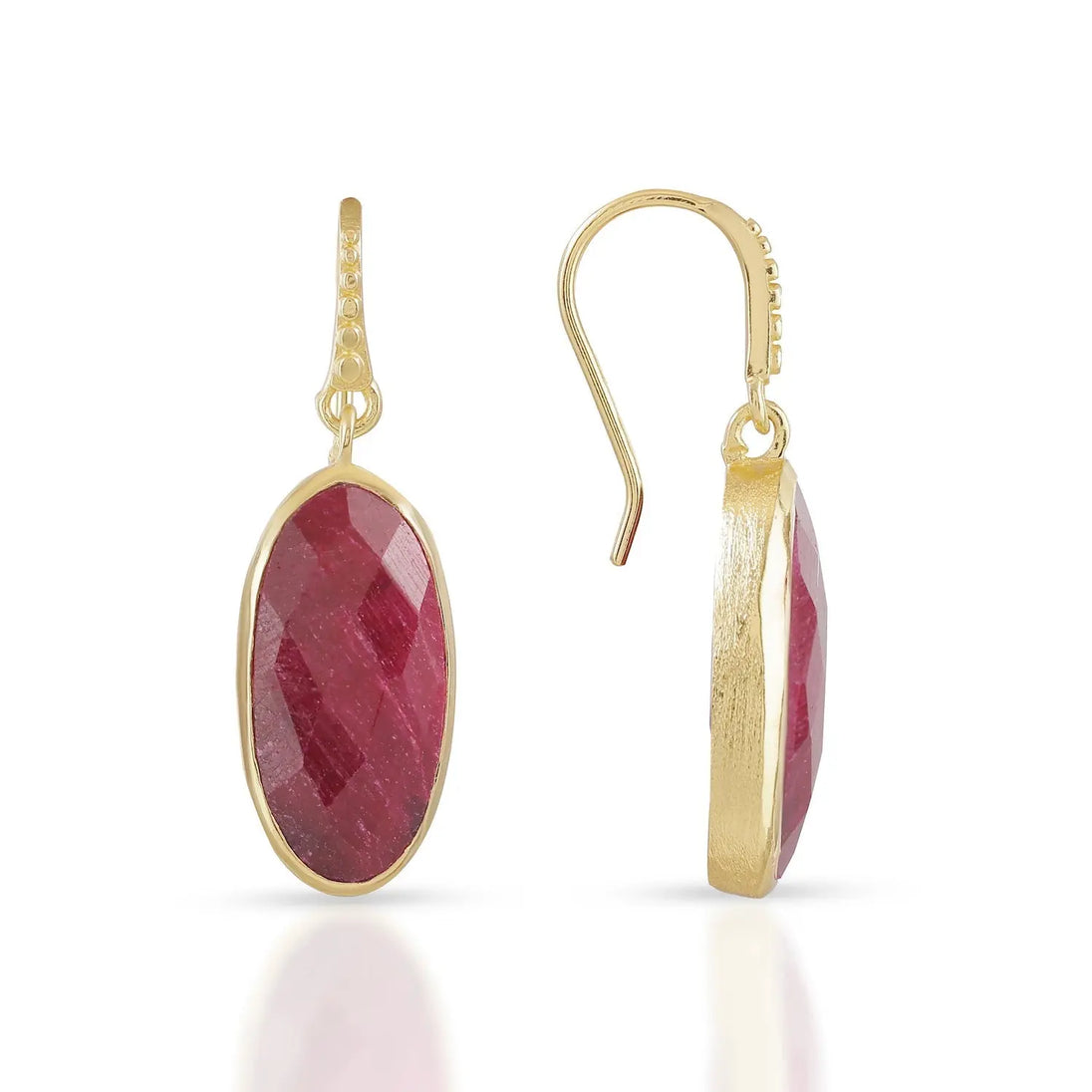 Charis Oval Gemstone Earrings featuring oval ruby set in 22K gold on recycled brass, artisan handcrafted drop earrings.