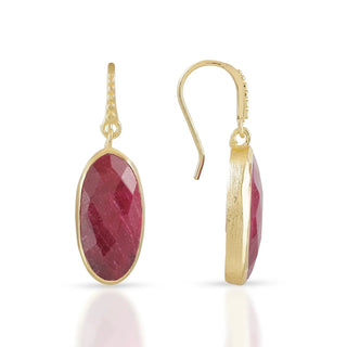 Charis Oval Gemstone Earrings featuring oval ruby set in 22K gold on recycled brass, artisan handcrafted drop earrings.