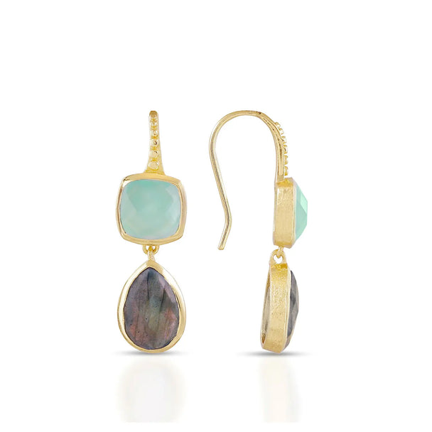 Charis Double Gemstone Earrings | Azuni London 22K Gold | Labradorite Pariba Onyx Azuni London