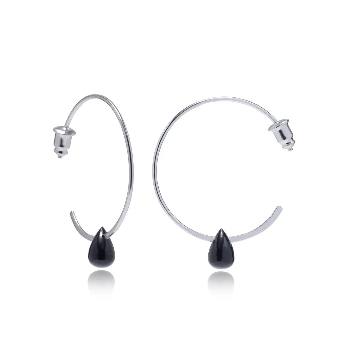 Hera Wire Hoop Earrings with sterling silver wire and teardrop black onyx gemstone, 30mm diameter hoops.