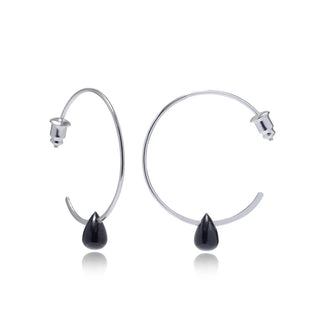 Hera Wire Hoop Earrings with sterling silver wire and teardrop black onyx gemstone, 30mm diameter hoops.