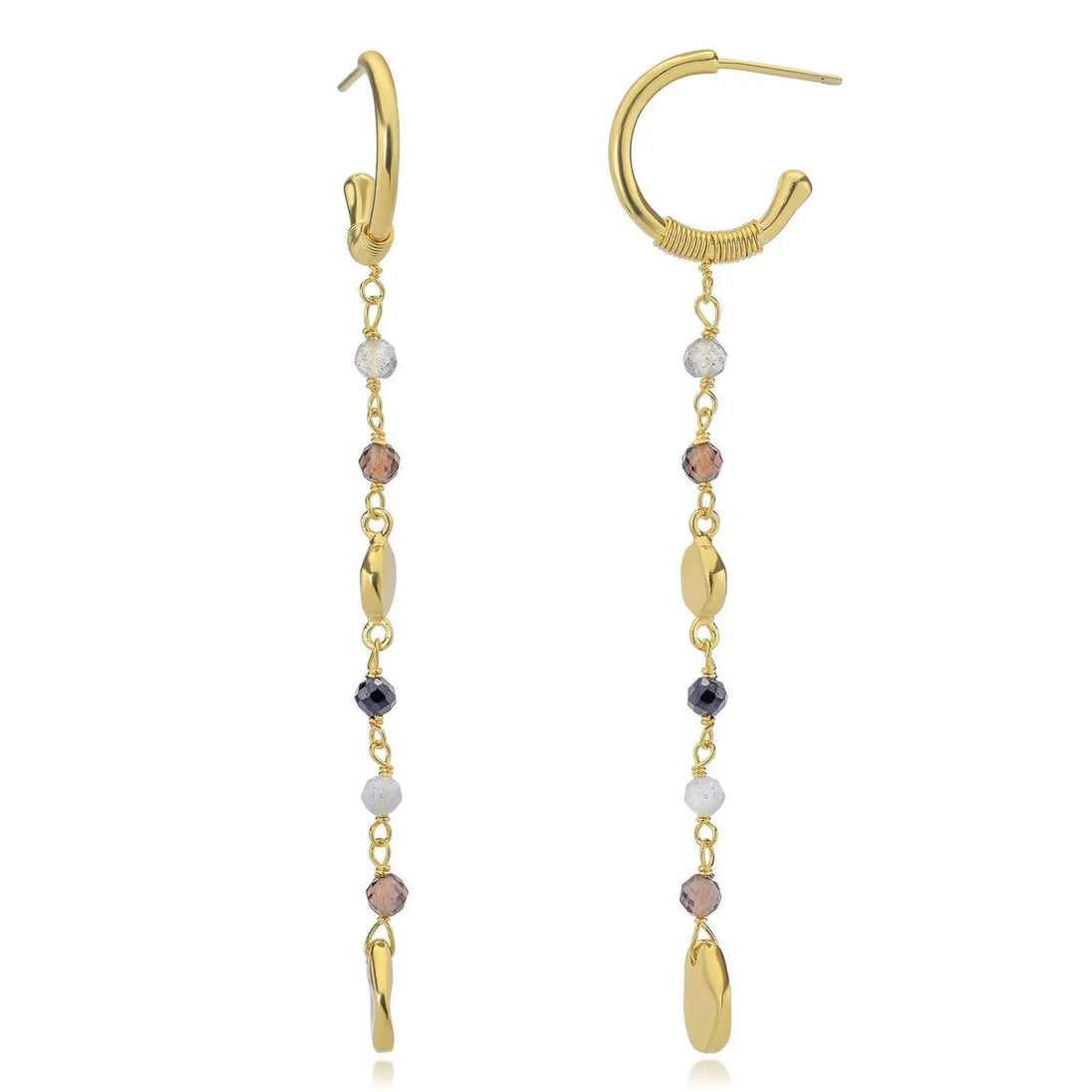 Sofia Small Hoop Nugget Earrings with labradorite, black onyx, smoky quartz, and 22K gold on recycled brass