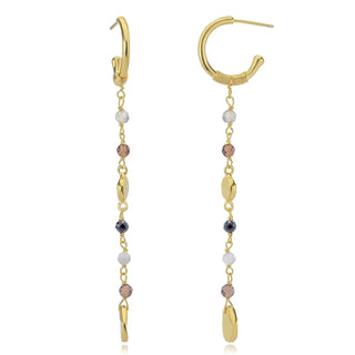 Sofia Small Hoop Nugget Earrings with labradorite, black onyx, smoky quartz, and 22K gold on recycled brass
