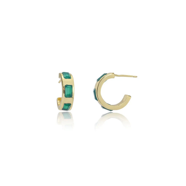 Cora Chunky Huggie Hoops green onyx gemstone 22k gold recycled brass 15mm hoops handcrafted earrings