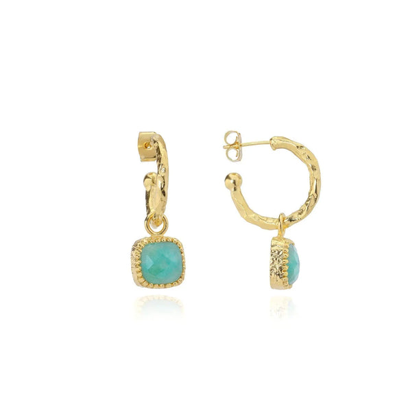 Tetra Square Gemstone gold hoop earrings with amazonite charms handcrafted on recycled brass