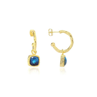 Tetra Square Gemstone Charm gold hoops with blue labradorite square charms handcrafted jewelry