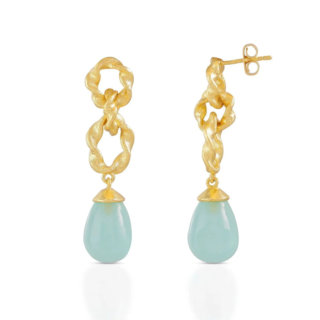 Moirai Double Twisted Loops Earrings with 22K gold on brass and Pariba Onyx gemstone drops, 40mm length