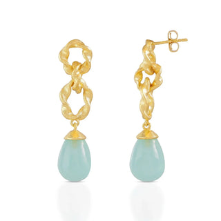 Moirai Double Twisted Loops Earrings with 22K gold on brass and Pariba Onyx gemstone drops, 40mm length
