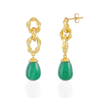 Moirai Double Twisted Loops Earrings with green onyx gemstone and 22k gold on recycled brass handcrafted design