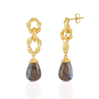 Moirai Double Twisted Loops Earrings with labradorite gemstone and 22k gold on recycled brass handcrafted design