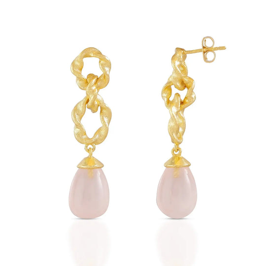 Moirai Double Twisted Loops Earrings with 22K gold on brass and rose quartz teardrop gemstones, 40mm length, artisan handcrafted.