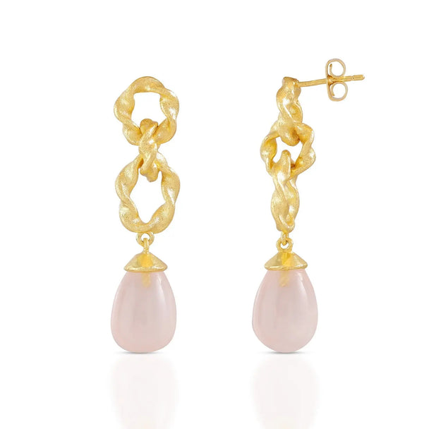 Moirai Double Twisted Loops Earrings with 22K gold on brass and rose quartz teardrop gemstones, 40mm length, artisan handcrafted.