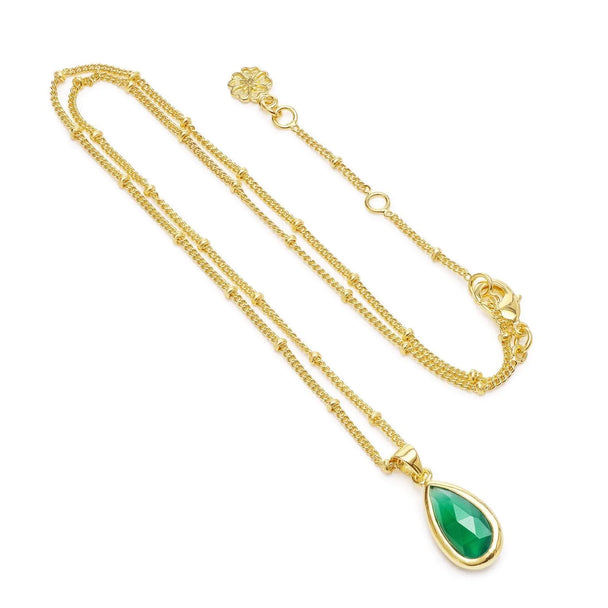 Simi Teardrop Gemstone Pendant necklace with green onyx and 22K gold on brass chain, adjustable length, artisan handcrafted jewelry