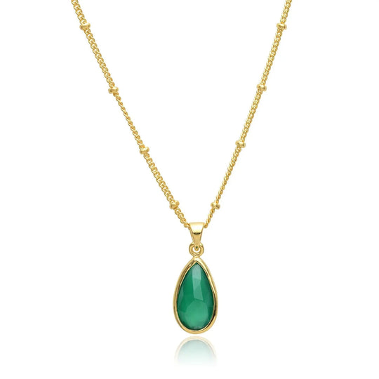 Simi Teardrop Gemstone Pendant with green onyx set in 22K gold on brass, adjustable chain necklace