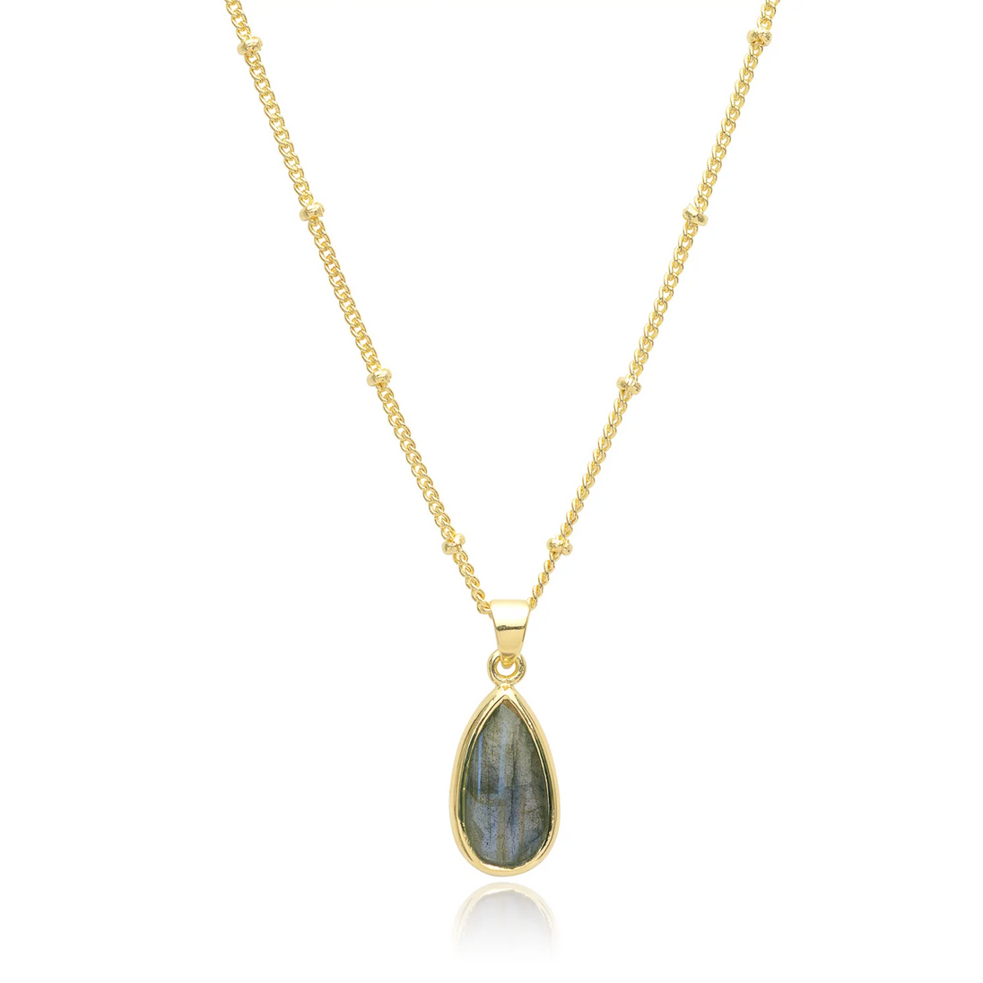 Simi teardrop gemstone pendant with labradorite set in 22K gold on recycled brass necklace