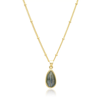 Simi teardrop gemstone pendant with labradorite set in 22K gold on recycled brass necklace