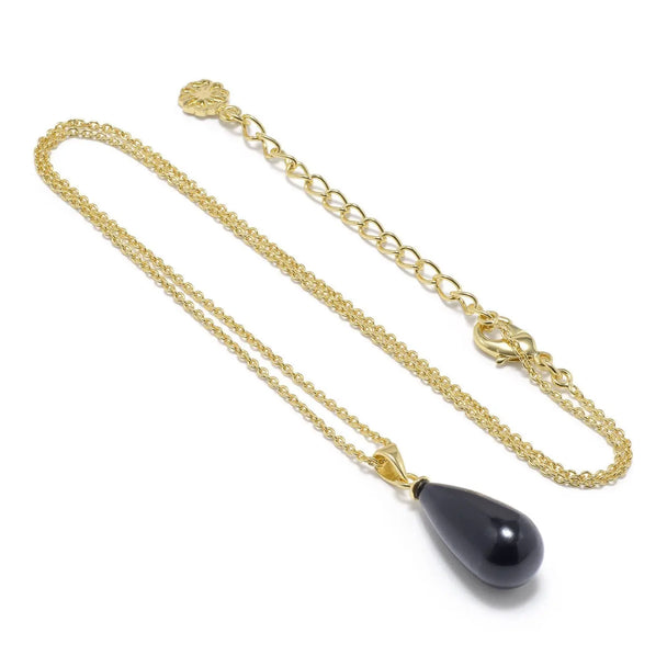 Hera Polished Stone Pendant Necklace with pear-shaped black onyx and 22K gold on brass chain