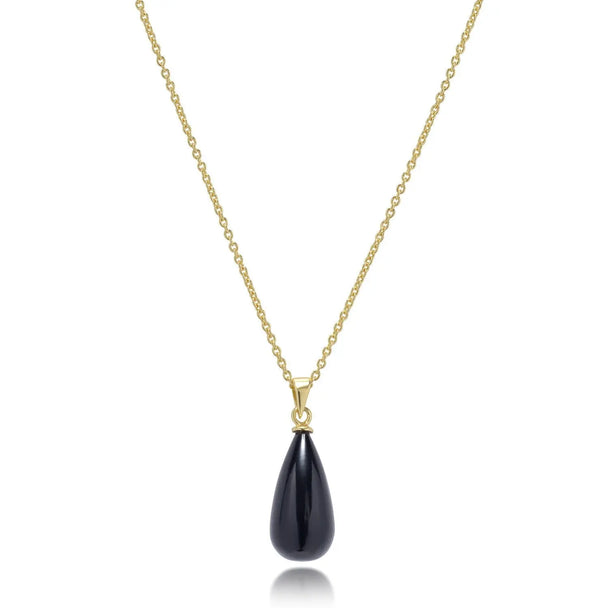 Hera polished stone pendant necklace with pear-shaped black onyx and 22k gold-plated brass chain