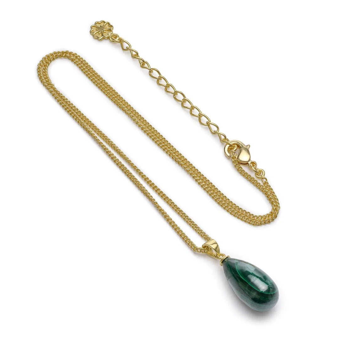Hera Polished Stone Pendant Necklace with pear-shaped malachite on 22K gold recycled brass chain