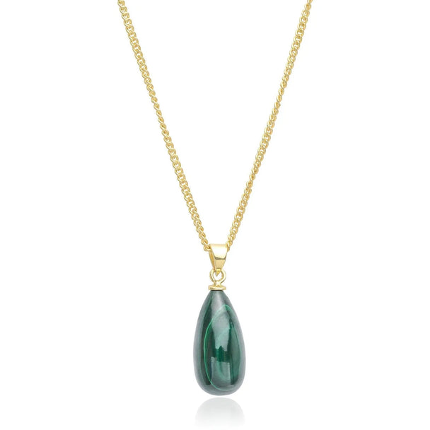 Hera polished stone pendant necklace with pear-shaped malachite and 22k gold on brass chain