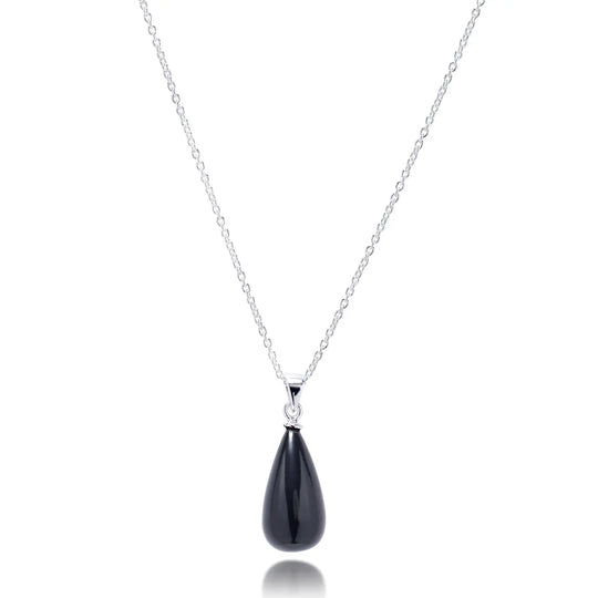 Hera polished stone pendant necklace with pear-shaped black onyx and sterling silver chain
