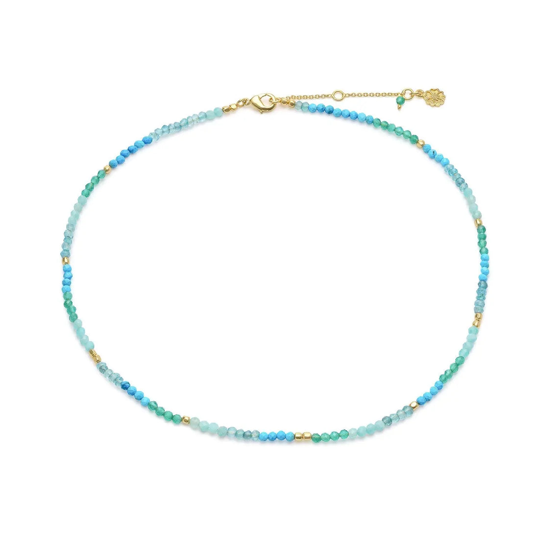 Milos Mixed Gemstone Beaded Necklace with Amazonite, Copper Turquoise, Green Jade, and 22K Gold on recycled brass, adjustable length 16-18 inches