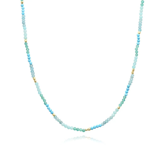 Milos Mixed Gemstone Beaded Necklace with Amazonite, Copper Turquoise, Green Jade, and 22K gold accents, adjustable length.