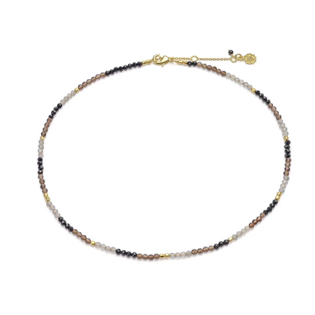 Milos Mixed Gemstone Beaded Necklace with Black Onyx, Smoky Quartz, Labradorite, and 22K gold on recycled brass beads, adjustable length 16-18 inches