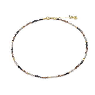 Milos Mixed Gemstone Beaded Necklace with Black Onyx, Smoky Quartz, Labradorite, and 22K gold on recycled brass beads, adjustable length 16-18 inches