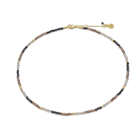 Milos Mixed Gemstone Beaded Necklace with Black Onyx, Smoky Quartz, Labradorite, and 22K gold on recycled brass beads, adjustable length 16-18 inches