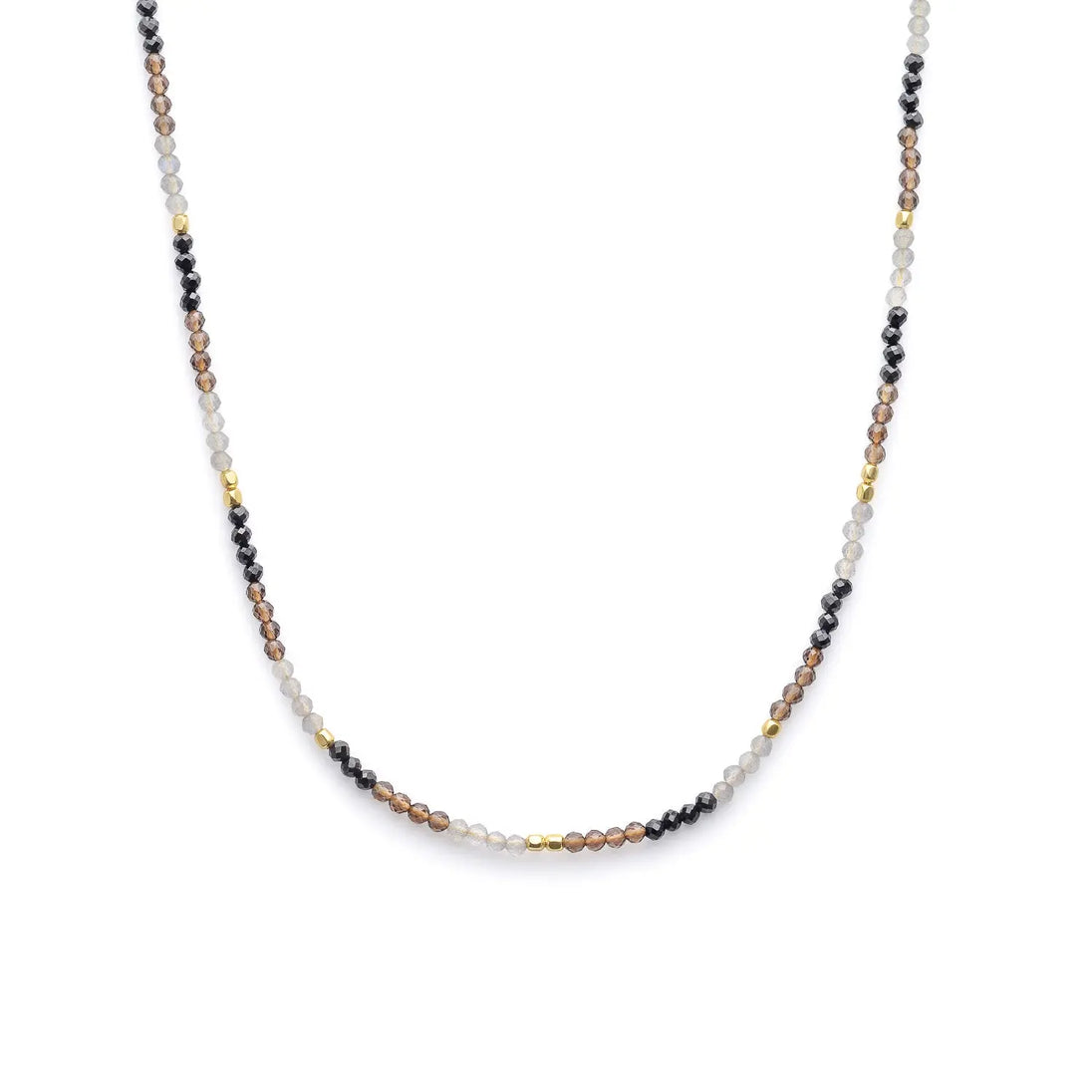 Milos Mixed Gemstone Beaded Necklace with Black Onyx, Smoky Quartz, Labradorite, and 22K Gold on recycled brass, adjustable length 16-18 inches