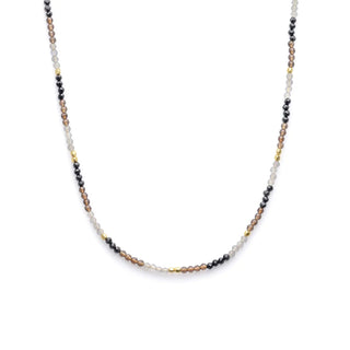 Milos Mixed Gemstone Beaded Necklace with Black Onyx, Smoky Quartz, Labradorite, and 22K Gold on recycled brass, adjustable length 16-18 inches