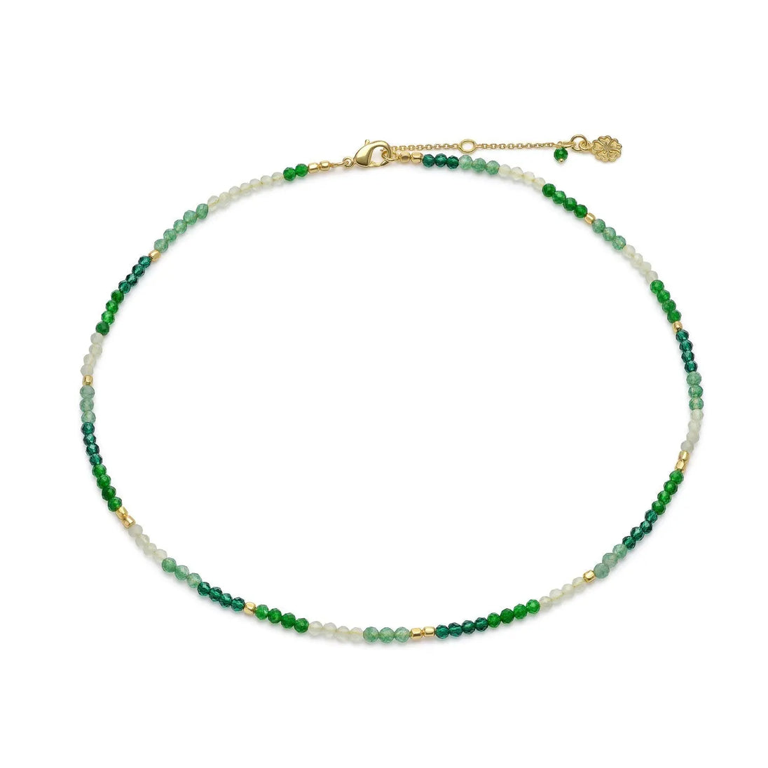 Milos Mixed Gemstone Beaded Necklace with Prehnite, Moss Agate, Green Aventurine and 22K Gold on recycled brass, adjustable length.