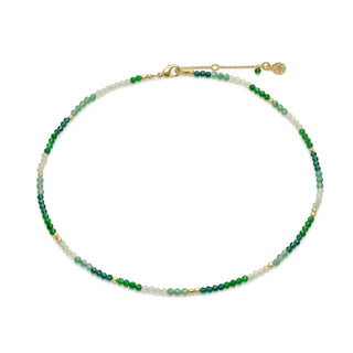 Milos Mixed Gemstone Beaded Necklace with Prehnite, Moss Agate, Green Aventurine and 22K Gold on recycled brass, adjustable length.