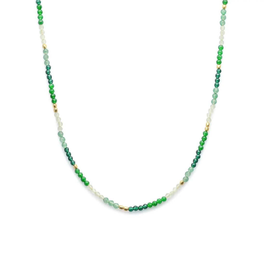 Milos Mixed Gemstone Beaded Necklace with Prehnite, Moss Agate, Green Aventurine and 22K gold beads, adjustable length.