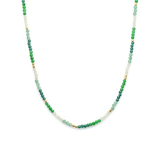 Milos Mixed Gemstone Beaded Necklace with Prehnite, Moss Agate, Green Aventurine and 22K gold beads, adjustable length.