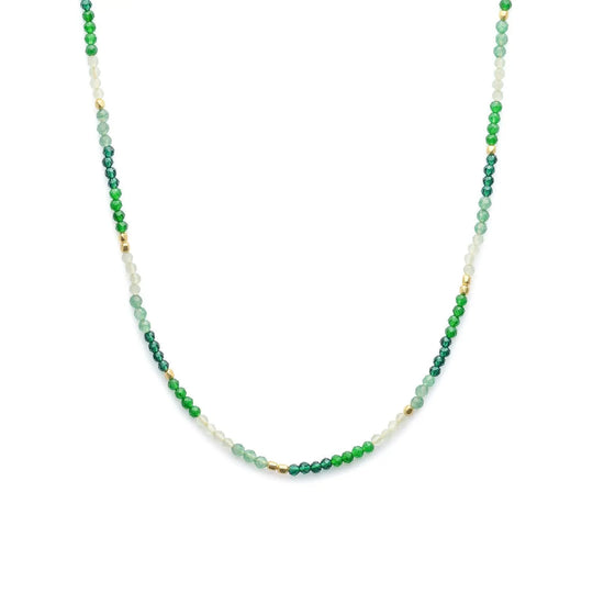Milos Mixed Gemstone Beaded Necklace with Prehnite, Moss Agate, Green Aventurine and 22K gold beads, adjustable length.